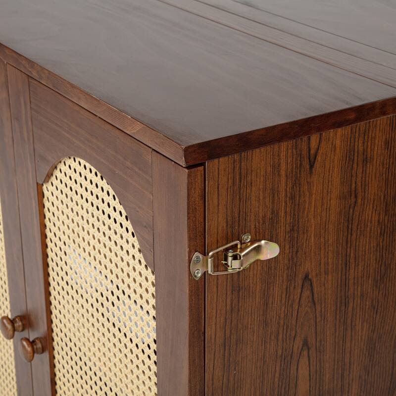 Queen Size Murphy Bed with Drawer Pine Wood Cabinet Bed with Power Station and Rattan Decoration Panel