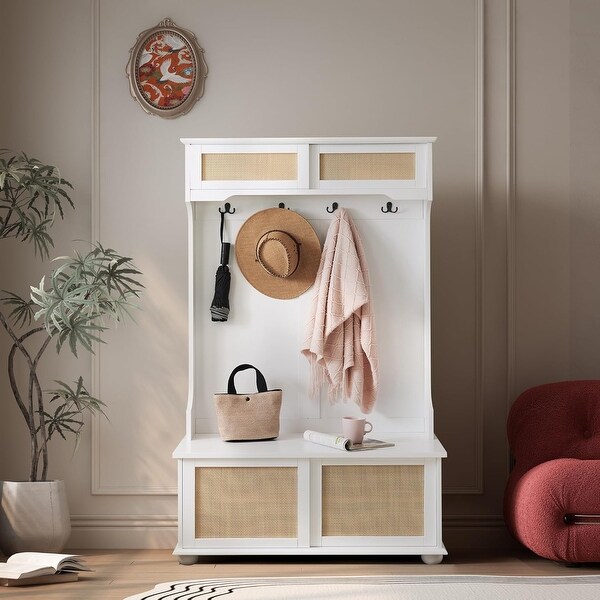Roomfitters Casual Style Hall Tree Entryway Bench with Rattan Door Shelves Shoe Cabinets Solid Wood Feet On Sale Bed Bath Beyond 40709074
