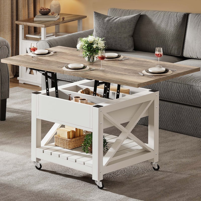 Moasis Farmhouse Lift Top Coffee Table Dining Table with Extendable Table Top and Shelf - White