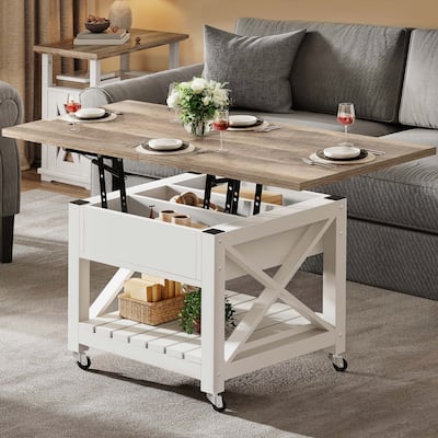 Moasis Farmhouse Lift Top Coffee Table Dining Table with Extendable Table Top and Shelf