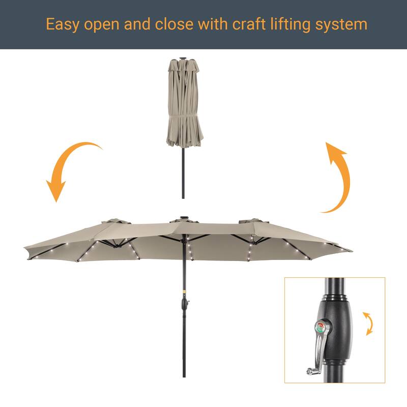 Livoosun 15×9FT LED Double-sided Patio Umbrella with BASE UPF50+ and Handle, and Wind-Resistant Design