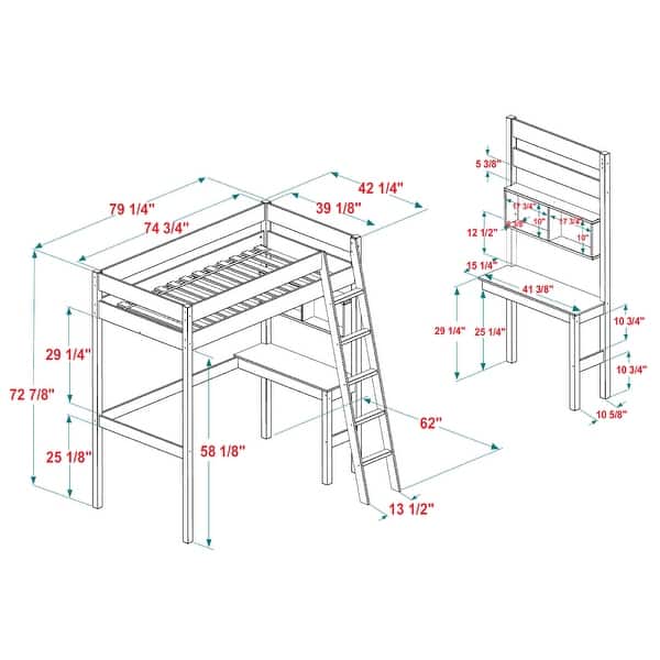 Walker Edison Solid Wood Twin Loft Bed with Desk