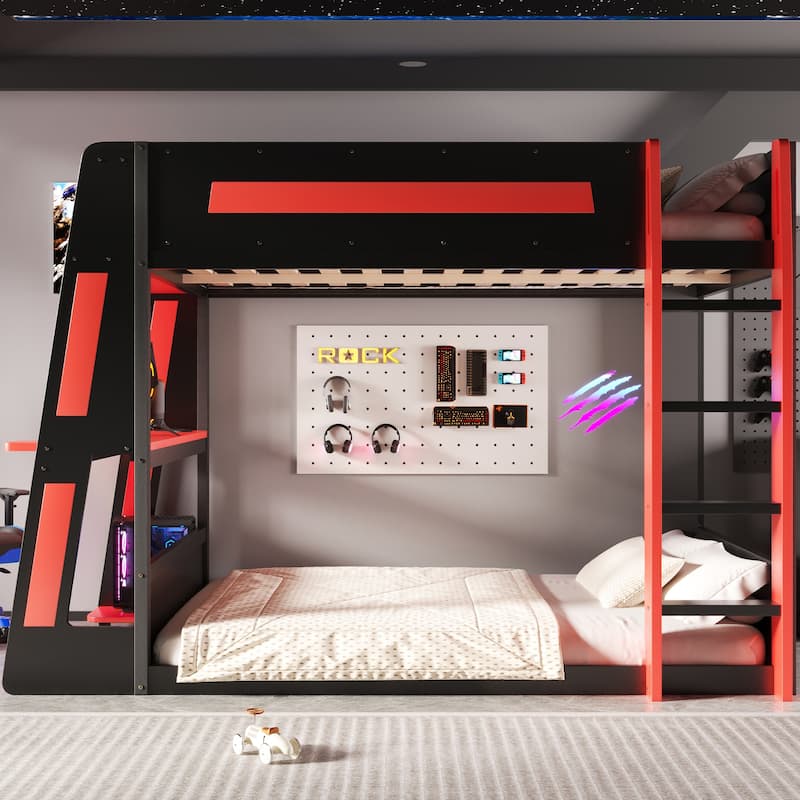 Full or Twin Gaming Bunk Bed Gaming Loft Bed with Built-In Gaming Station Cable Management for Gamer Gaming Hotel Gaming Suite - Red - Full