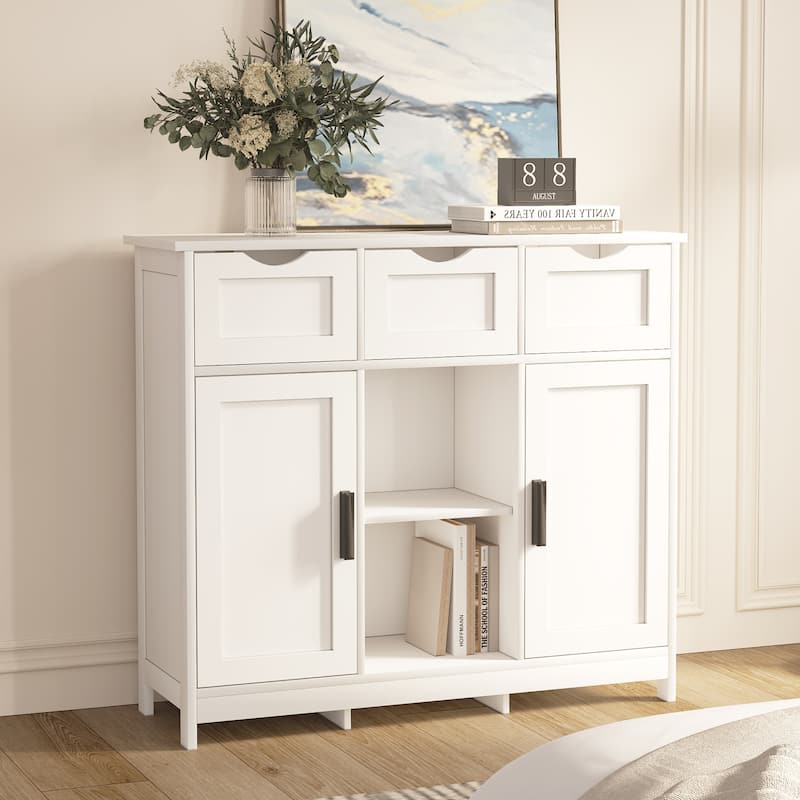Freestanding Wooden Floor Storage Cabinet, Accent Cabinet with 2 Doors & 3 Drawers, Buffet Cabinet with Adjustable Shelves