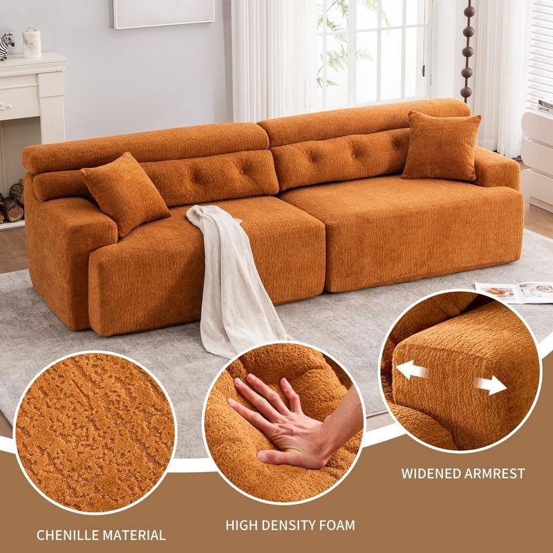 4-Seater Chenille Sofa, Plush Compact, 2 Pillows