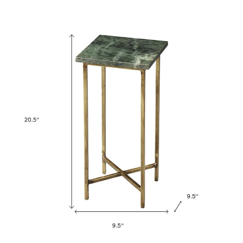 HomeRoots 21" Green and Gold Marble Drink Size Square End Table - 9.50 in. x 20.50 in. x 9.50 in.