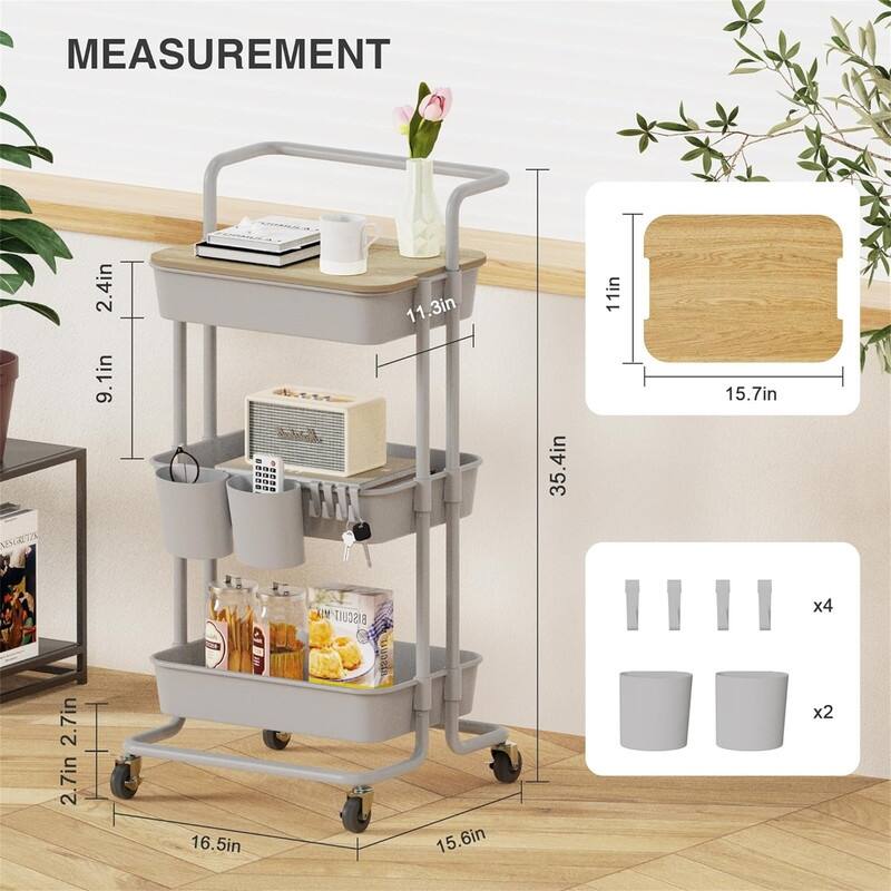 3 Tier Utility Rolling Cart - 15.6"D x 16.5"W x 35.4"H