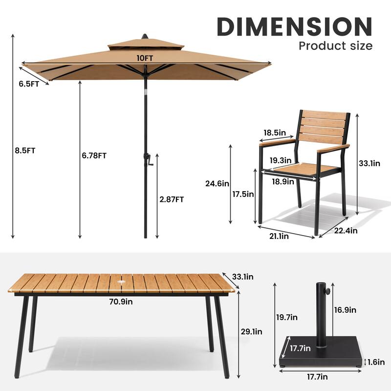 9-Piece Patio Dining Set Outdoor Aluminum Dining Table and Stackable Chairs with Umbrella and Base
