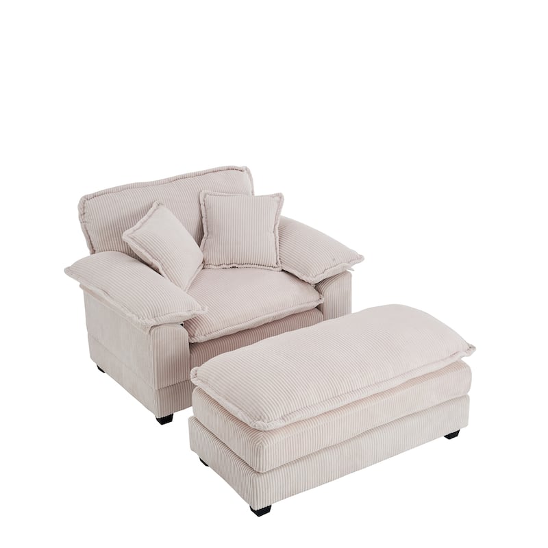 56.3 Inch Corduroy Single Deep Seat Sofa Chair With 2 Toss Pillows and a Ottoman