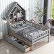 preview thumbnail 1 of 16, Pine Wood Twin Bed with House-Shaped Headboard, Fence Guardrails, and Drawers Gray