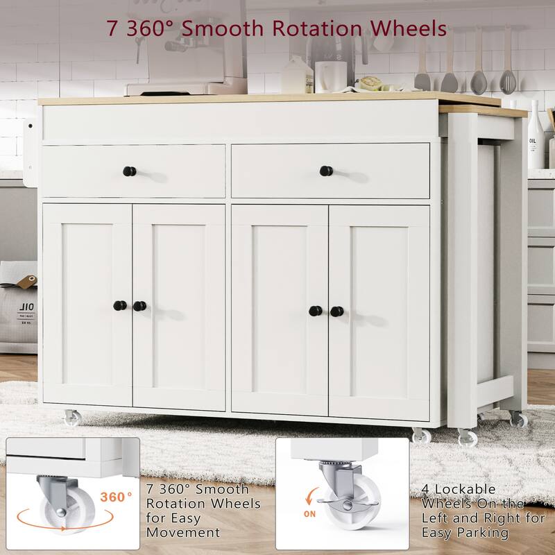 44'' Kitchen Island with Extendable Dining Table, Rolling Wheels, Spice Rack and 2 Drawers - 44'' x 19.75'' x 36.25''