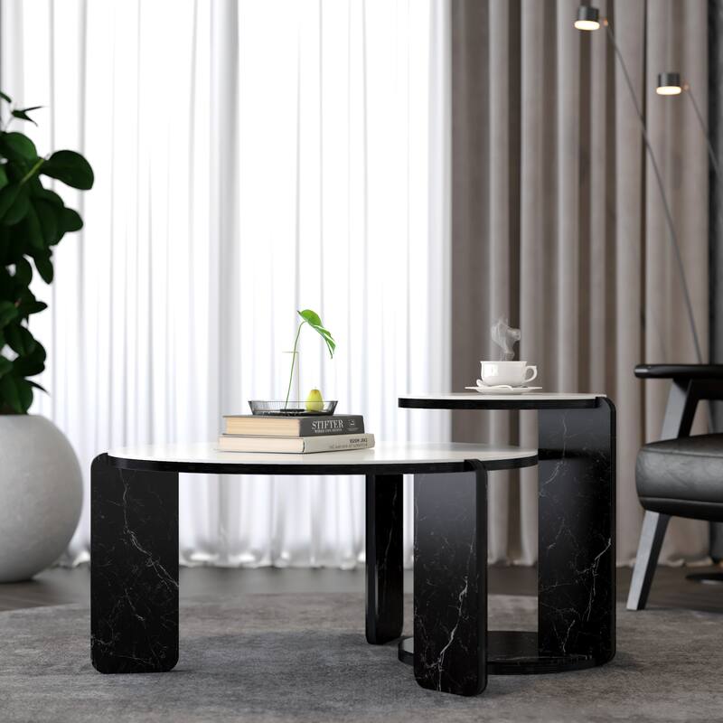 Coffee Table Set of 2 Nesting Table for Bedroom, End Table Center Table White Black Accent Table Sofa Table - White Black
