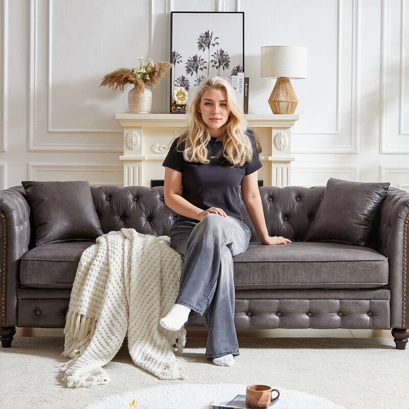 Chesterfield 85.5" Tech Fabric 3-seater Sofa with Cushions