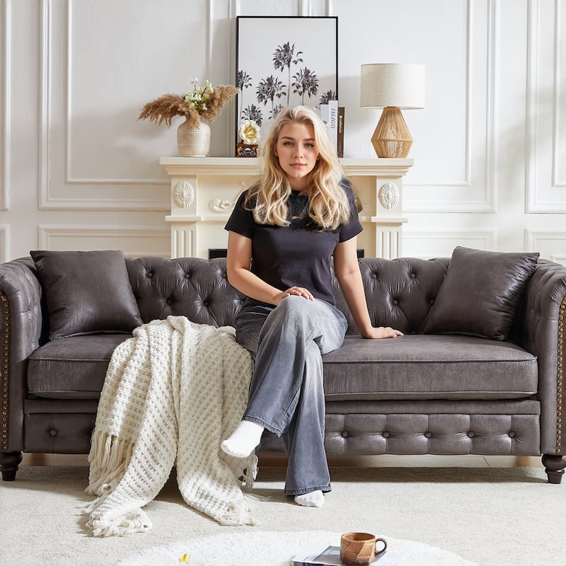 Grey Tech Fabric 3-seater Chesterfield Sofa