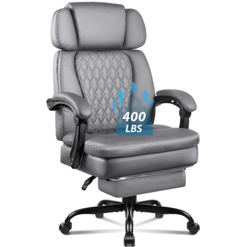 BOSSIN 400lbs Big & Tall Office Chair, Reclining Executive Chair with Footrest, Adjustable Headrest, PU Leather High Back, - New-Grey