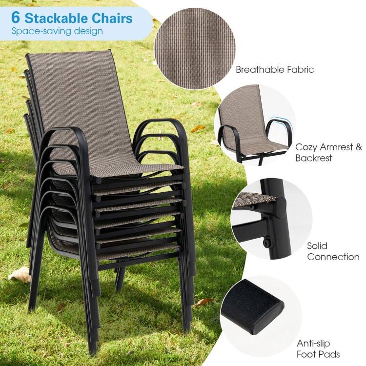 6 Pieces Patio Stackable Dining Chairs with Curved Armrests and Breathable Fabric - 25.5" x 21" x 36.5" (L x W x H)