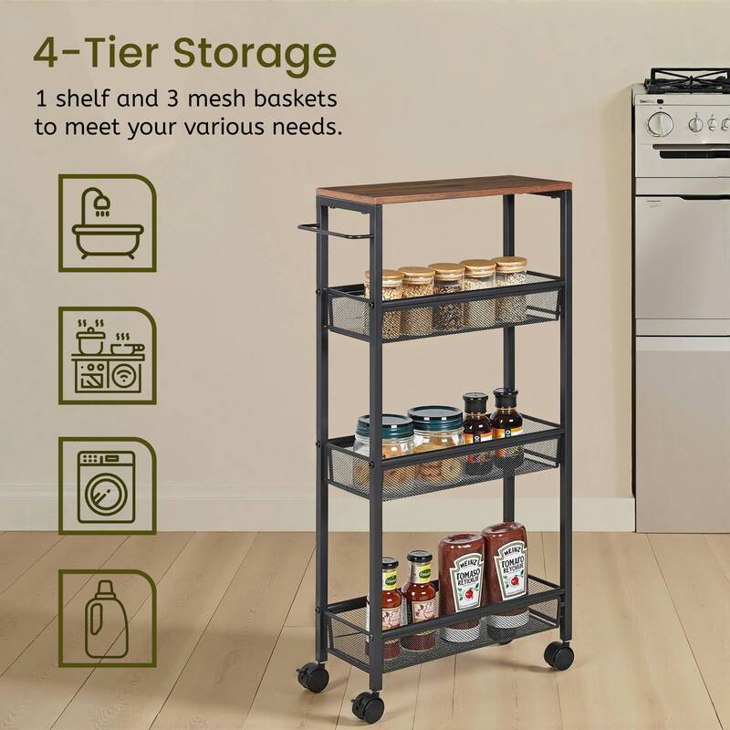 Javlergo 4-Tier Rolling Kitchen Cart with Mesh Baskets Brown Top & Wheels Space-Saving Storage Organizer with Handle for Home