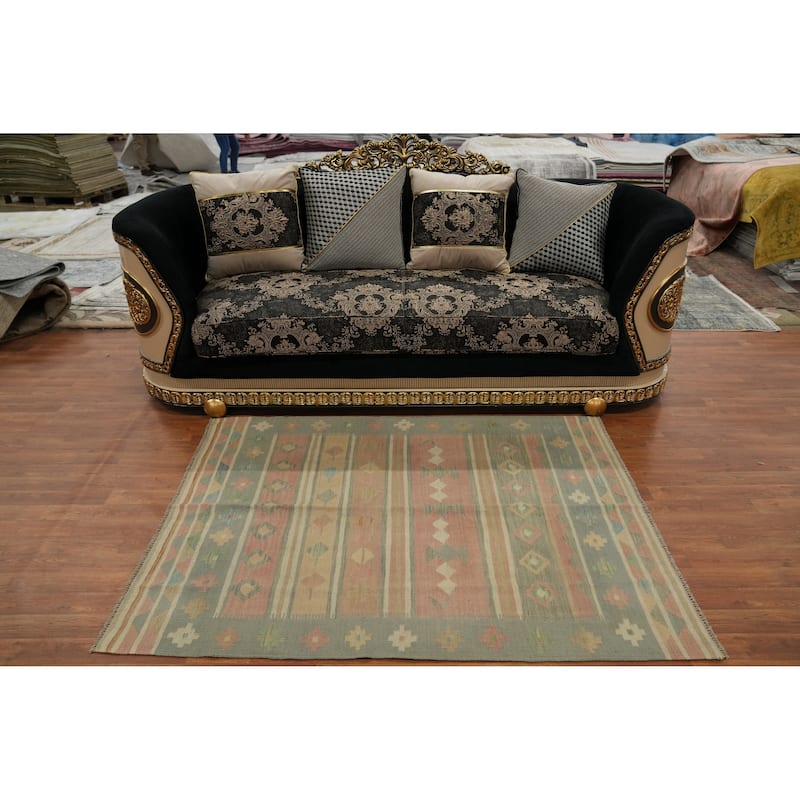 Hand Woven Oriental 100% Wool Carpet Southwestern Tribal Multi-Colored Kilim Area Rug - 5' 6'' X 4' 2''