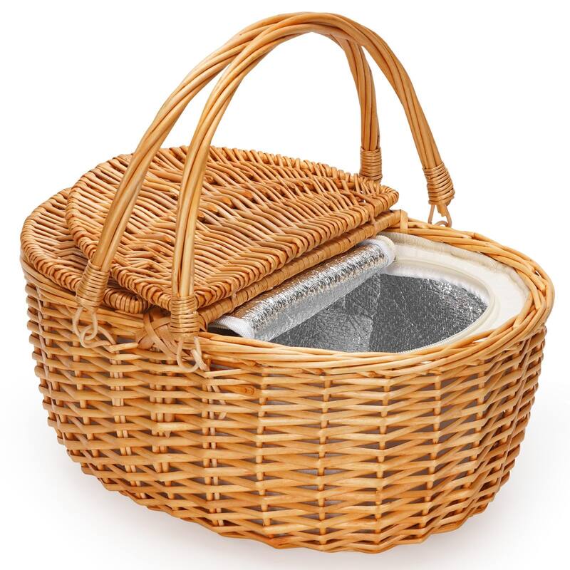 Wicker Picnic Basket with Cooler, Wooden Split Lid Picnic Basket, Vintage-Style Wicker Picnic Hamper with Folding Woven Handle