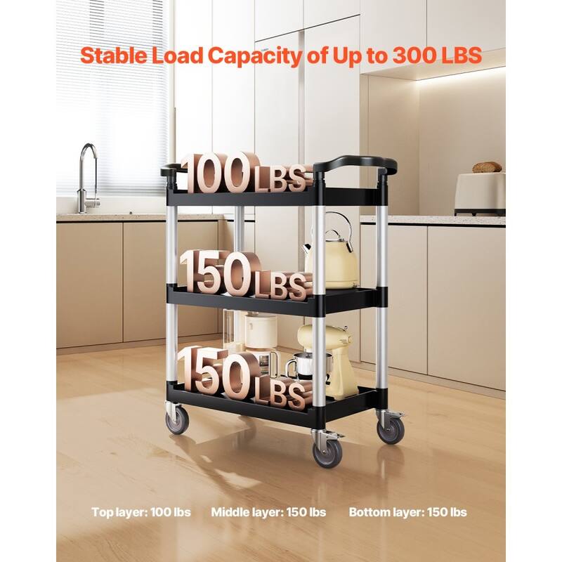 Black 3-Tier Metal Rolling Utility Cart Mobile Organizer with Locking Wheels for Garage and Home Storage - 34.65 x 16.14 x 39 in