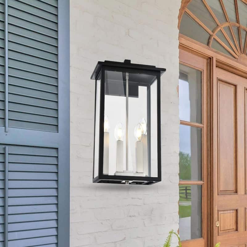 Outdoor Wall Sconce, Exterior Porch Light Wall Mount Lantern, Black and Brushed Nickel Finish with Clear Glass for House