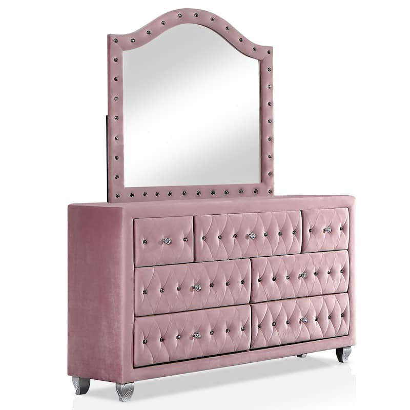Vyvi Glam Pink Fabric 5-Piece Upholstered Panel Bedroom Set by Furniture of America