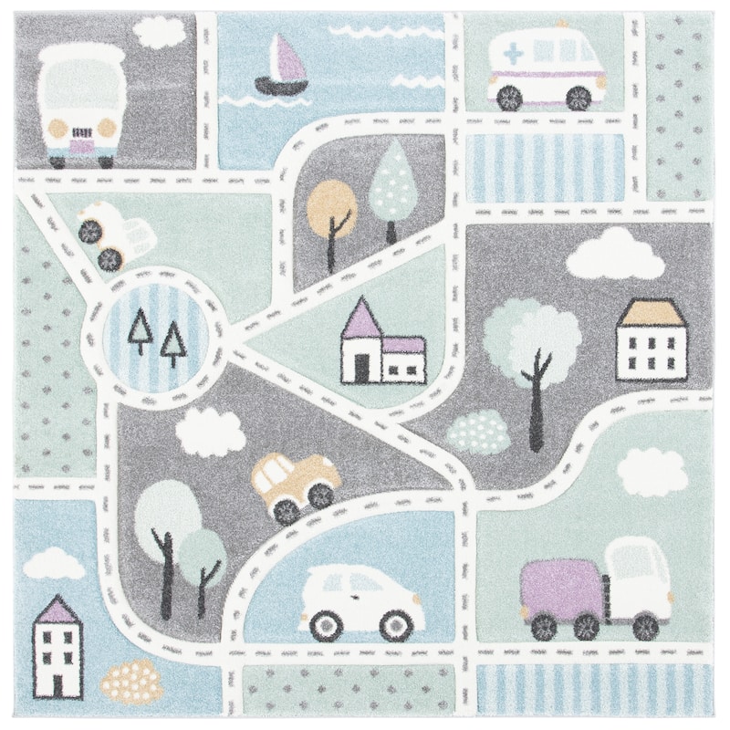 SAFAVIEH Carousel Kids Mihaila Neighborhood Rug - 5'3" Square - Grey/Light Blue - Square