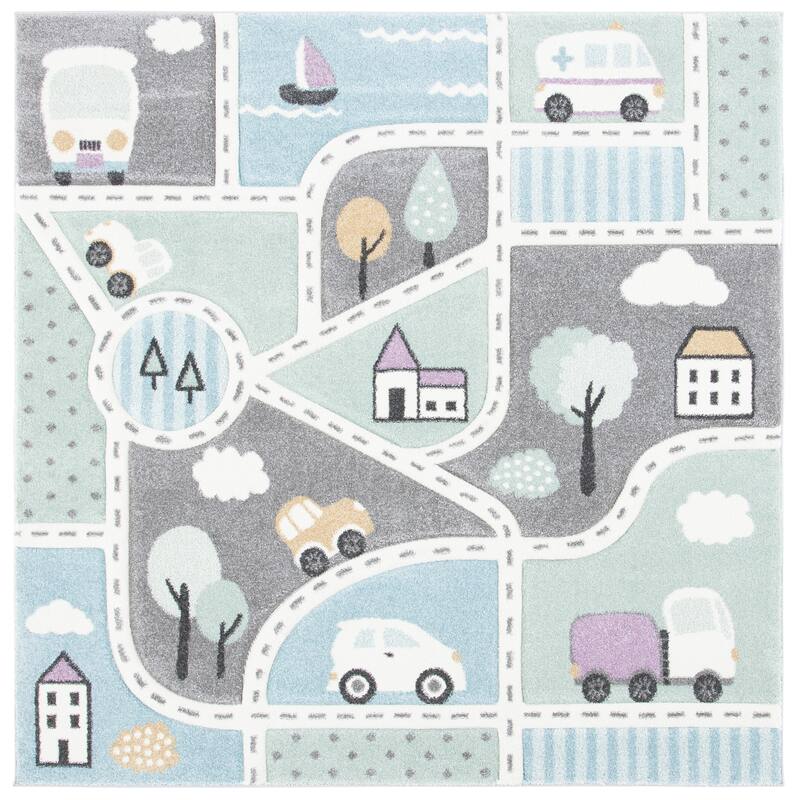 SAFAVIEH Carousel Kids Mihaila Neighborhood Rug - 5'3" x 5'3" Square - Grey/Light Blue