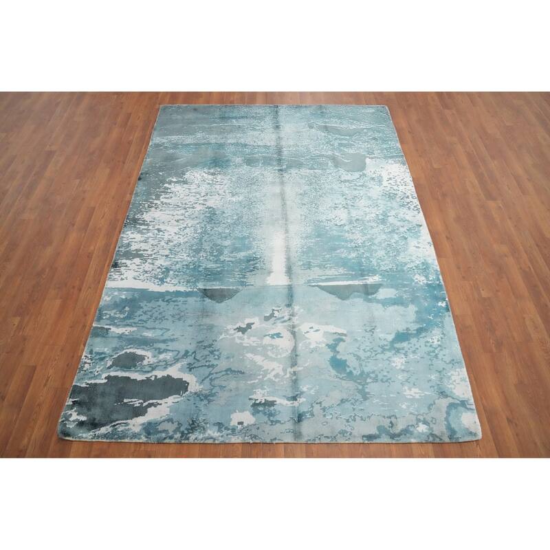 Hand Knotted Oriental Viscose Silk Carpet Modern Pictorial Navy Blue & Blues Abstract Area Rug - 7' 10'' X 5' 7''