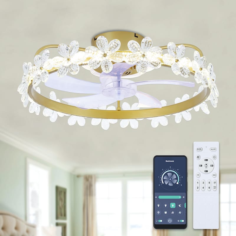 20" Modern Crystal Garland Ceiling Fan 6-Speed Dimmable Flush Mount Ceiling Fan with Remote and APP Control - 21”