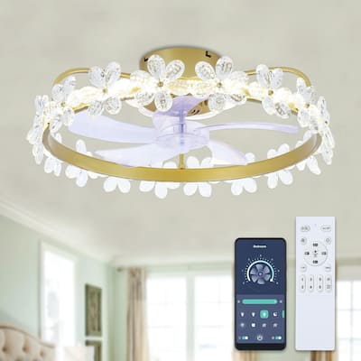 20" Modern Crystal Garland Ceiling Fan 6-Speed Dimmable Flush Mount Ceiling Fan with Remote and APP Control