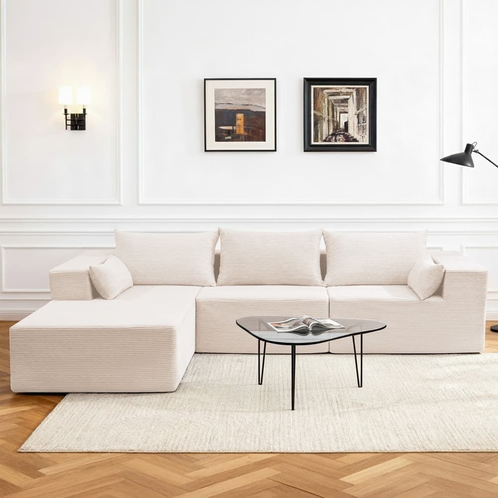 Oversized L-shaped Plush Corduroy Couch, Sectional Sofa with Deep Cushions and Chaise Lounge
