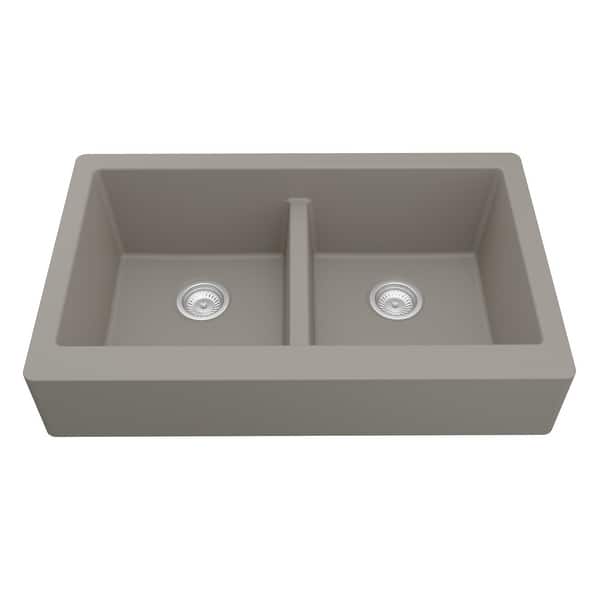 slide 34 of 75, Karran Retrofit Apron Front Quartz Double Bowl Kitchen Sink Concrete