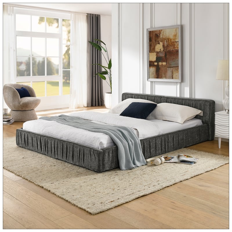 Queen Size Upholstered Bed Frame with Chenille fabric with pleated design