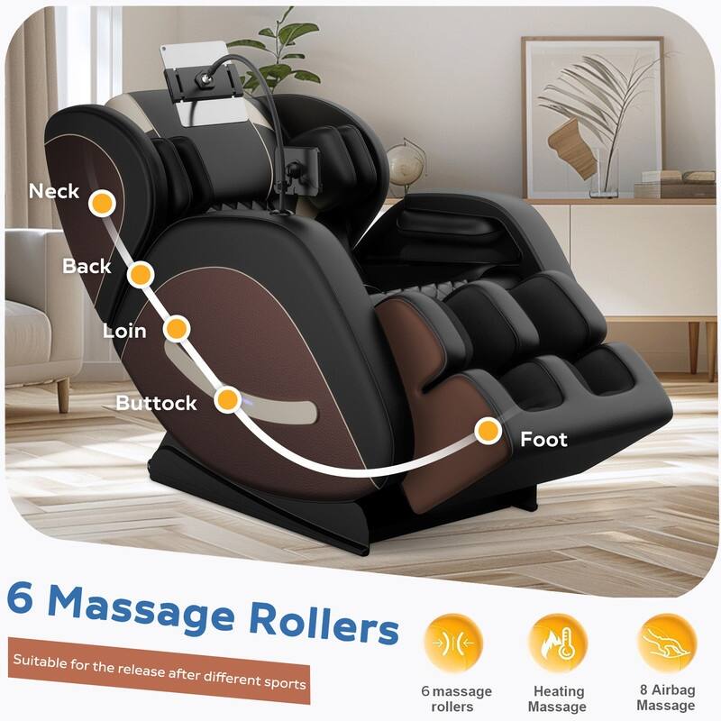 Zero Gravity Massage Chair w/8 Massage Rollers and Full-Body Air Pressure, Living Room Home Spa Recliner - Black+Brown