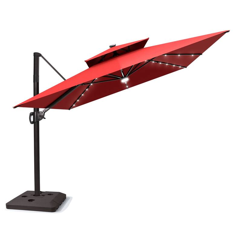 9 x11 FT LED Lighted Patio Cantilever Umbrella Double Top with Weighted Base