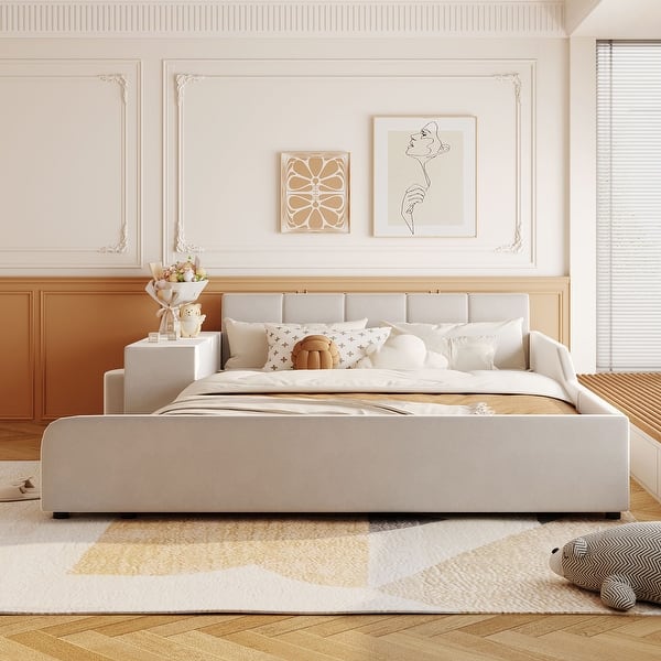 slide 2 of 12, Queen Size Upholstered Mother & Child Platform Bed w/ Bedside Desk & Little Round Stool Beige