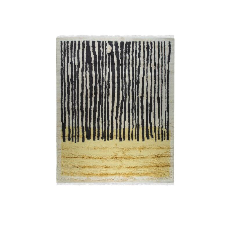 Yellow Hand-Knotted Wool Art Deco Rug, 8' x 10', soft cozy area accent - L