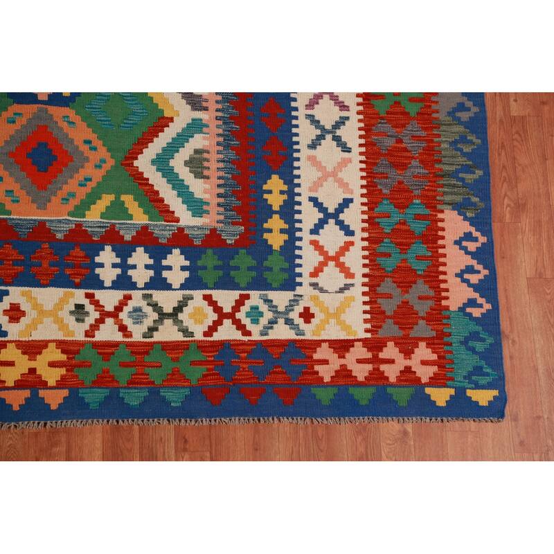 Geometric Kilim Oriental Large Rug Living Room Hand-Woven Wool Carpet - 10'2"x 16'3"