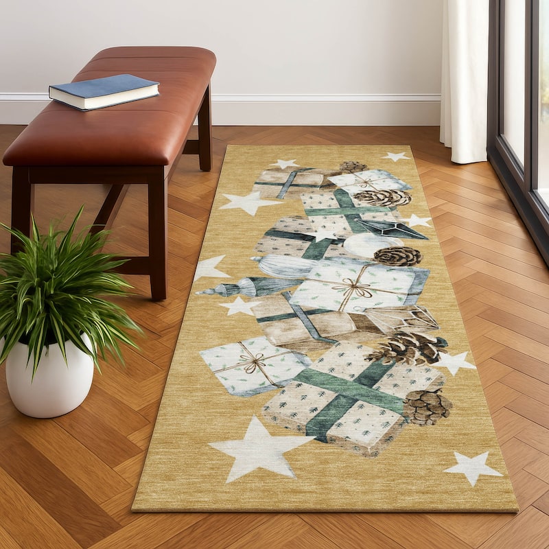Premium Washable Super Soft Christmas Presents Mayfield Rug - Gold - 2'3" x 7'6"