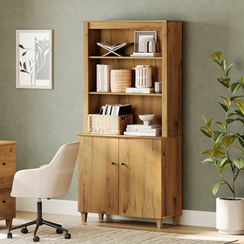 WAMPAT 71" Tall Bookcase with Doors & Storage Cabinet for Home Office