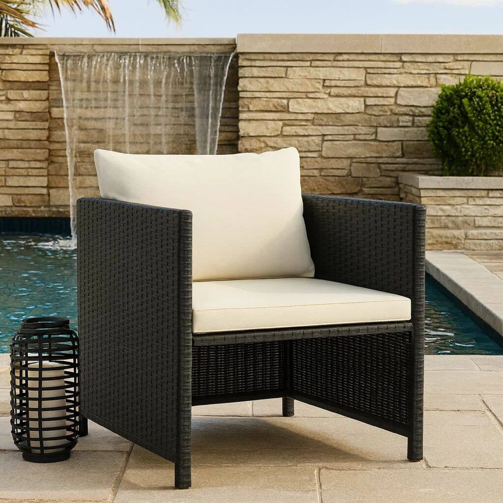 Outdoor Accent Chair, Smooth Textured, Armed Design, Gray Poly Rattan