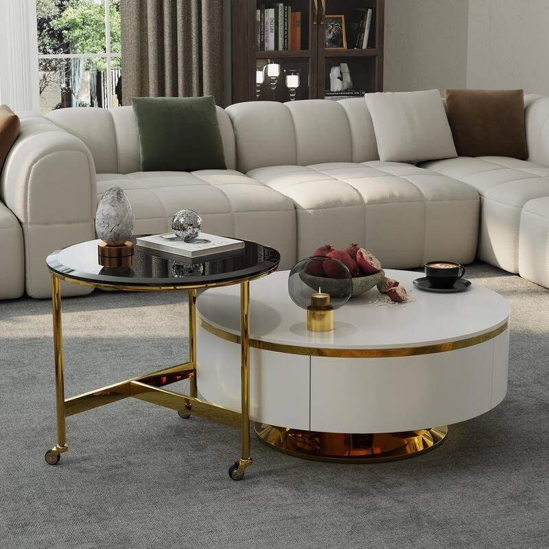 Nesting Coffee Table Set with End Table Round Coffee Table with 2 Storage Drawers - White and Gold