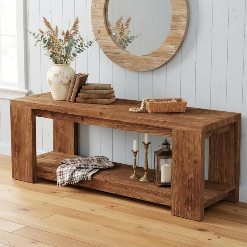 63" Solid Wood Console Table with Open Shelves, Entryway Accent Table for Entrance Living Room