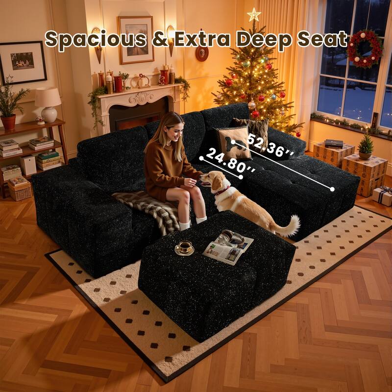 HOOOWOOO Modern Sparkly Velvet Fabric Chaise Sofa Couch with Ottoman