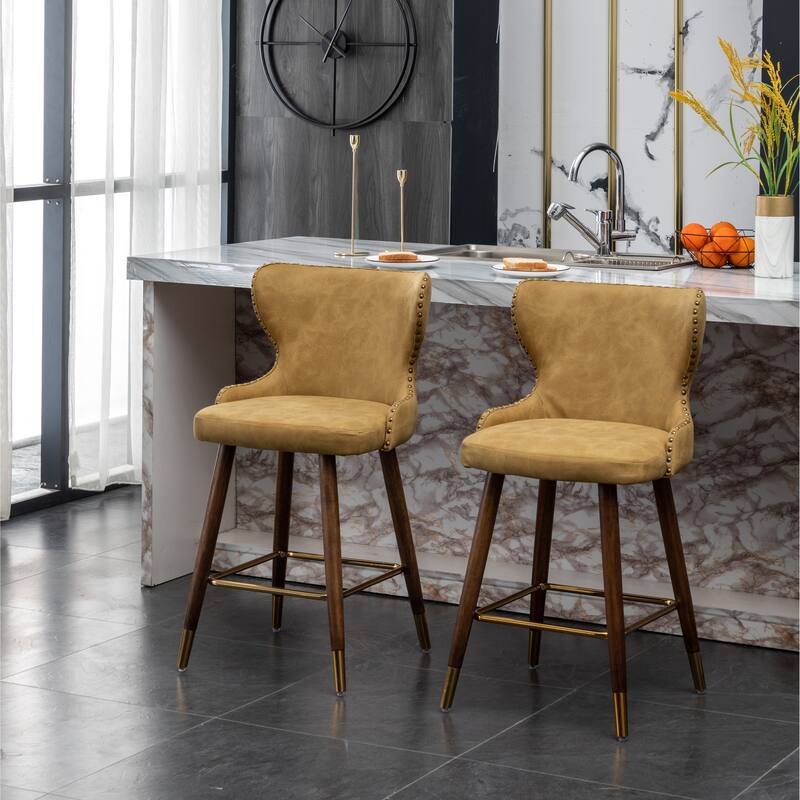 Mid-century Faux Leather Bar Stool Set of 2, Tufted Backrest Nailhead Trim Bar Height Chair w/Footrest for Kitchen, Dining Room