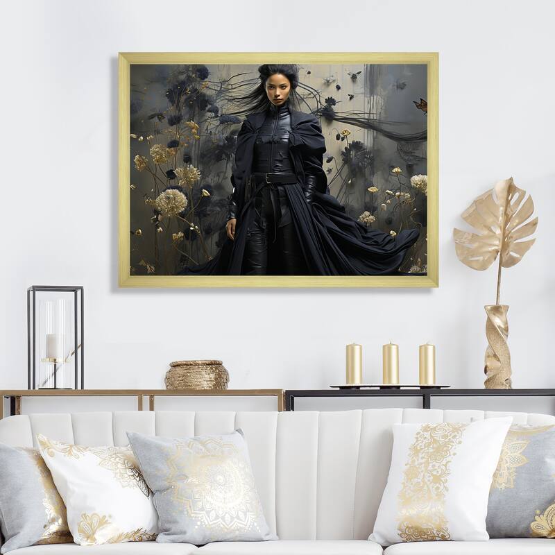 Designart "Dark Fashion Couture Woman" Fashion Black Wall Decor - Glam Hallway Framed Wall Art Decor - 32 in. wide x 24 in. high - Gold