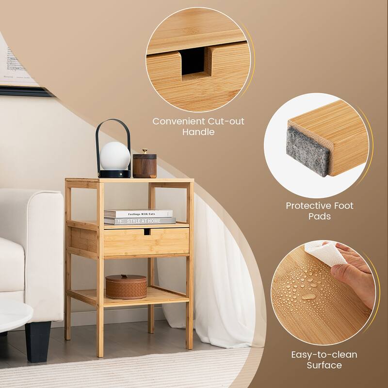 Gymax Bamboo Nightstand w/ Pull-out Drawer & Storage Shelf Wood
