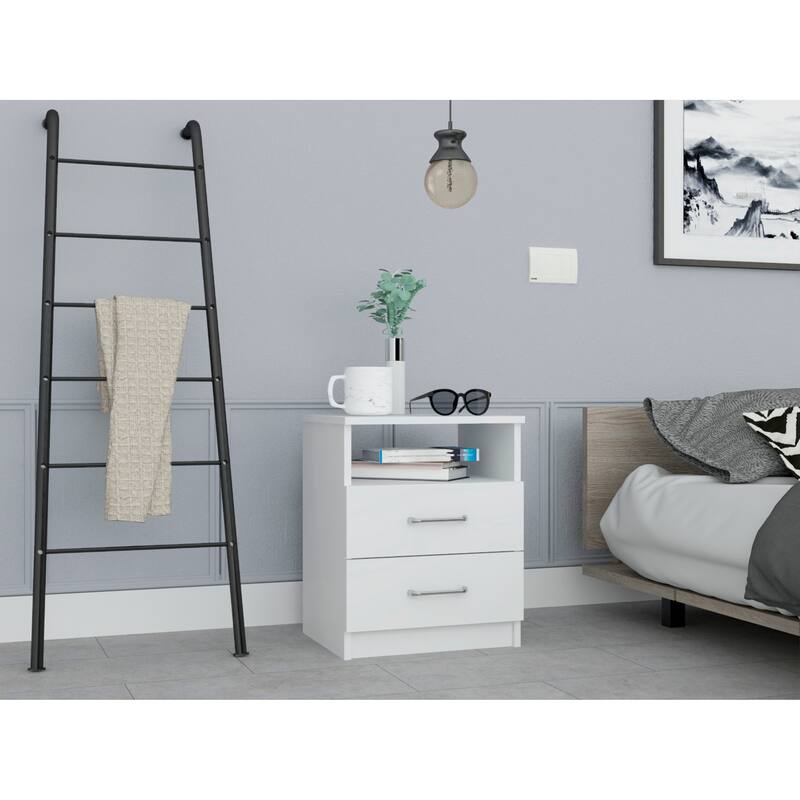 Compact Nightstand with Two Drawers and Shelf, White, Space-Saving Design - White