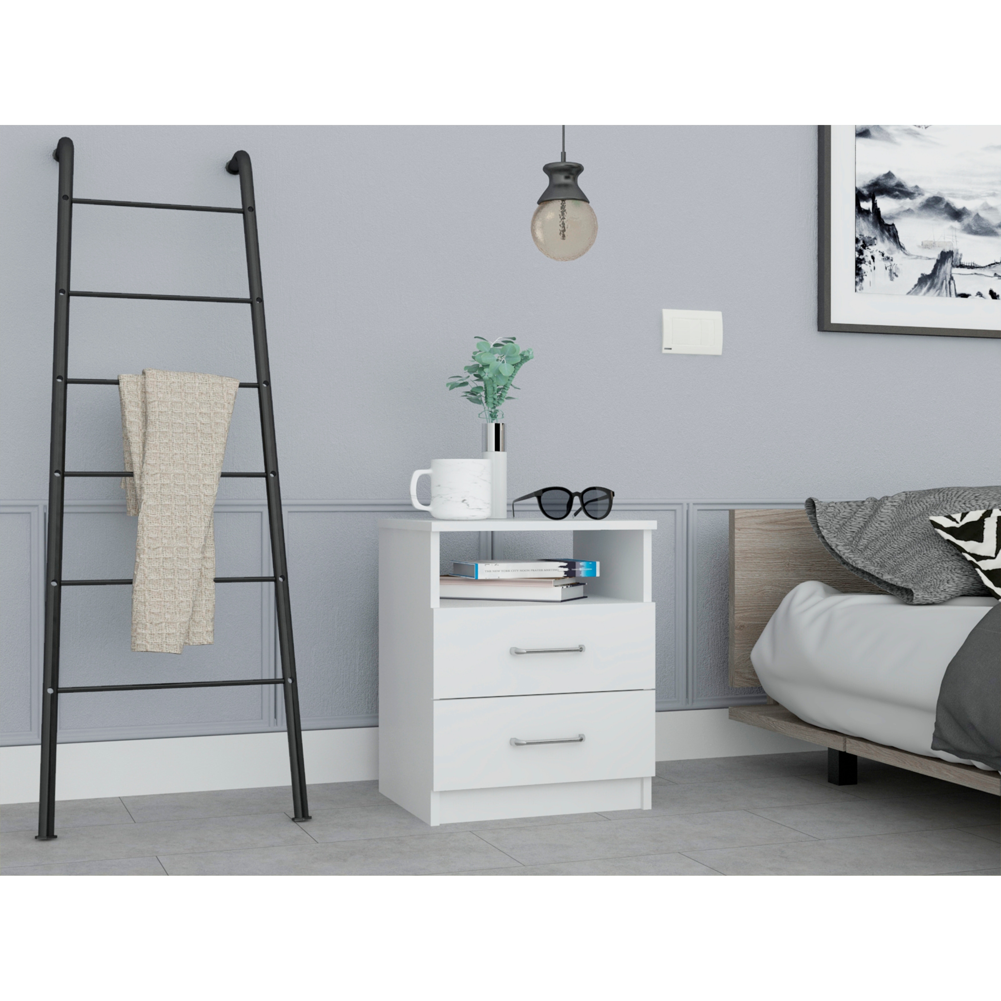 Modern White Nightstand with Two Drawers and Shelf - Compact Side Table for Bedroom or Living Room